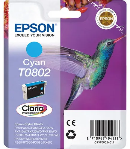 Epson T0802 C13T08024011 Cyan Inktcartridge, 350 pagina's